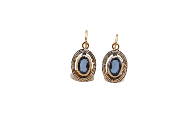 Dormeuses en or jaune 18 carats avec pierre bleue ovale 58 Facettes 3913