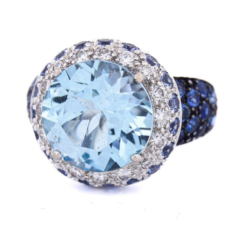 Bague 59 Bague vintage en or blanc 18 ct avec topaze, saphirs et diamants 58 Facettes AN421 (00619)