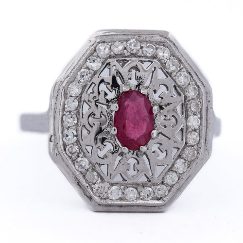 Bague 59 Bague Art déco en or blanc 18 ct, rubis et diamants 58 Facettes AN111 (0079)