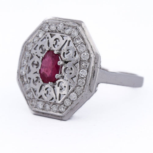 Bague 59 Bague Art déco en or blanc 18 ct, rubis et diamants 58 Facettes AN111 (0079)