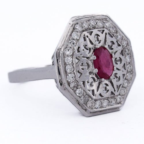Bague 59 Bague Art déco en or blanc 18 ct, rubis et diamants 58 Facettes AN111 (0079)