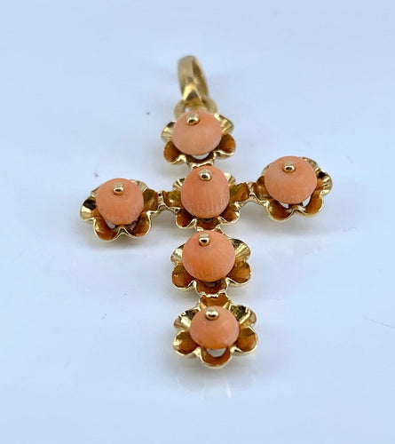Pendentif Croix - Pendentif en or jaune 18 carats et corail, époque Napoléon III 58 Facettes AB691