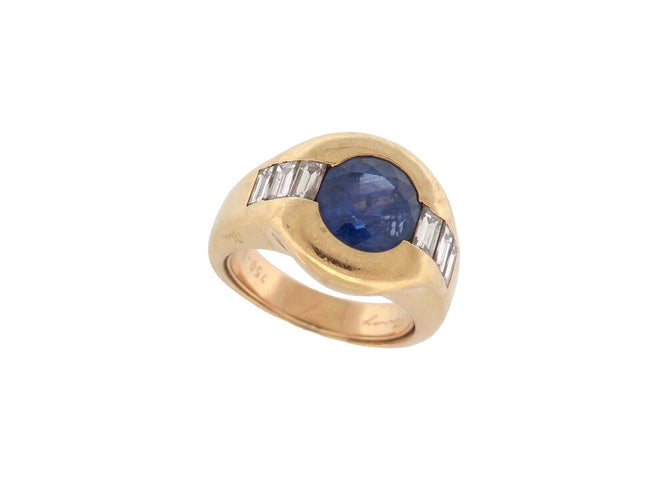 Bague 57 Poiray - Bague en or jaune 18k avec saphir et diamants baguette, T57 58 Facettes 273906