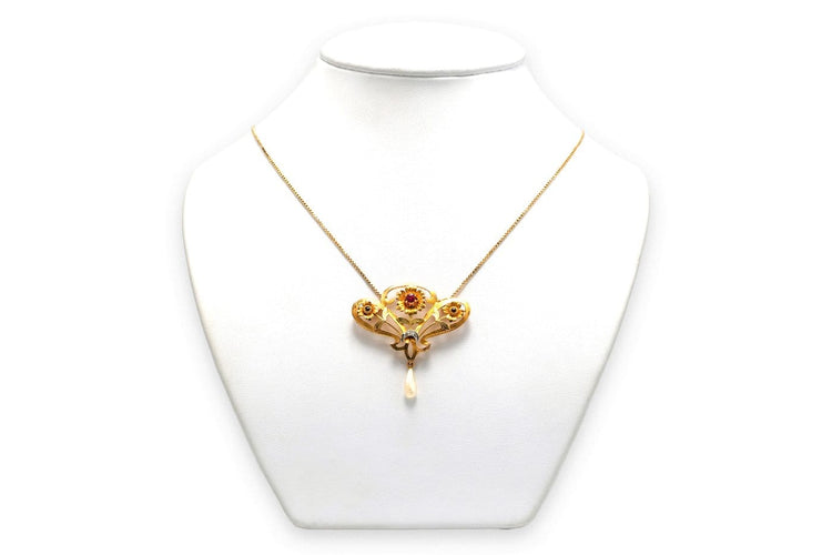 Collier Collier Art nouveau en or jaune 18 carats, rubis, diamants taille rose et perle 58 Facettes B836