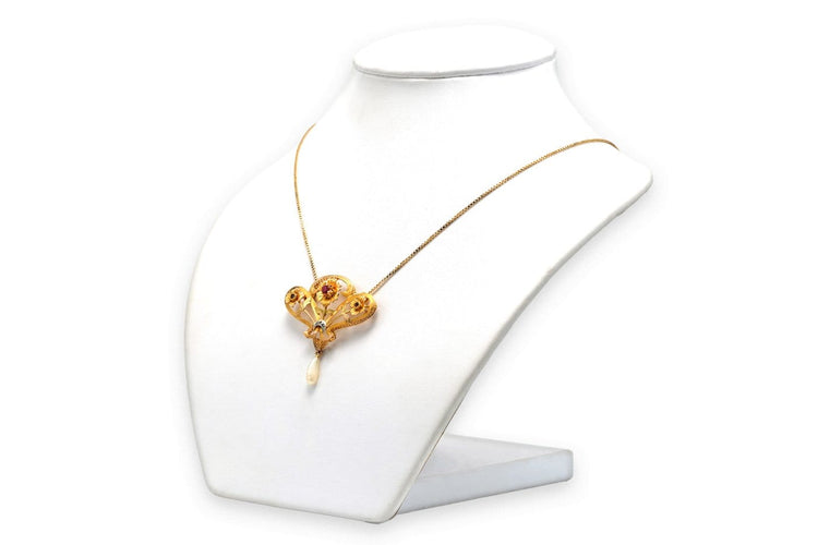 Collier Collier Art nouveau en or jaune 18 carats, rubis, diamants taille rose et perle 58 Facettes B836