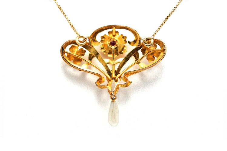 Collier Collier Art nouveau en or jaune 18 carats, rubis, diamants taille rose et perle 58 Facettes B836