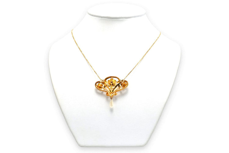 Collier Collier Art nouveau en or jaune 18 carats, rubis, diamants taille rose et perle 58 Facettes B836