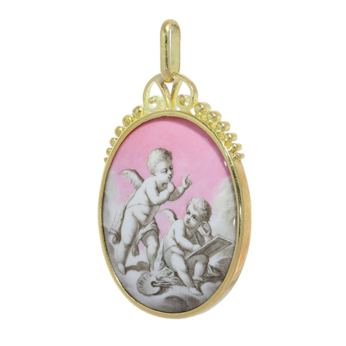 Pendentif Pendentif géorgien en or avec émail grisaille représentant deux chérubins 58 Facettes 26065-0293