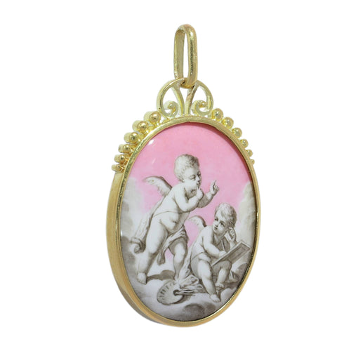 Pendentif Pendentif géorgien en or avec émail grisaille représentant deux chérubins 58 Facettes 26065-0293