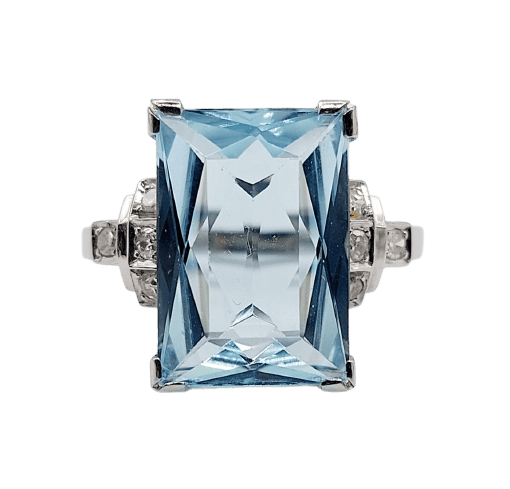 Bague 47 Bague Art déco en platine avec aigue-marine 4,50 ct et diamants 58 Facettes A06879