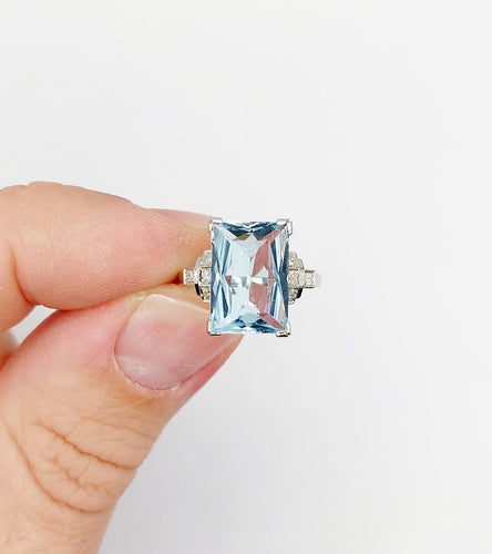 Bague 47 Bague Art déco en platine avec aigue-marine 4,50 ct et diamants 58 Facettes A06879