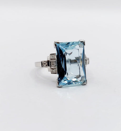 Bague 47 Bague Art déco en platine avec aigue-marine 4,50 ct et diamants 58 Facettes A06879