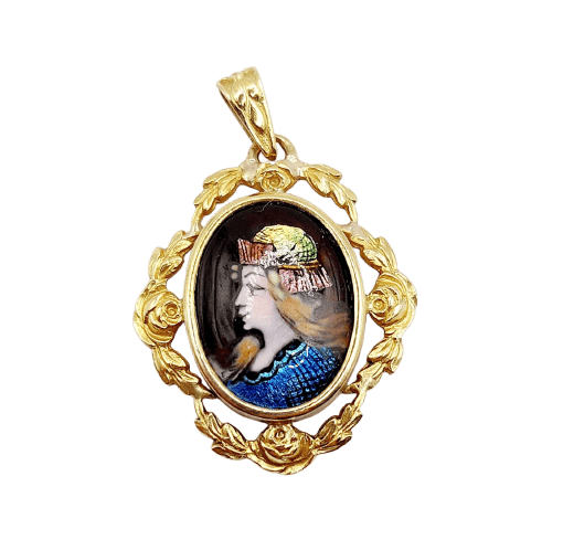 Pendentif Blanchet Limoges - Pendentif Art nouveau en or 18k à plaque émaillée 58 Facettes A06895
