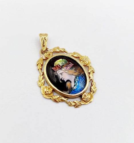 Pendentif Blanchet Limoges - Pendentif Art nouveau en or 18k à plaque émaillée 58 Facettes A06895