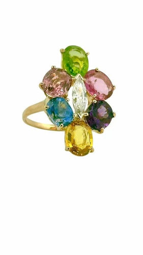 Bague 61 Bague en or jaune 18 carats sertie d’un diamant et de saphirs 58 Facettes