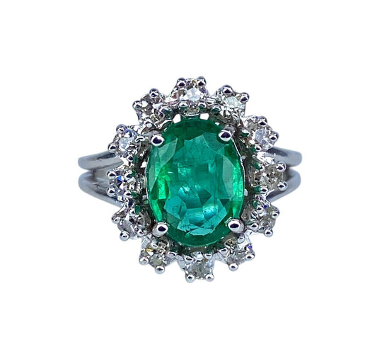 Bague 46 Bague marguerite en or blanc 18 carats, émeraude et diamants 58 Facettes AB693
