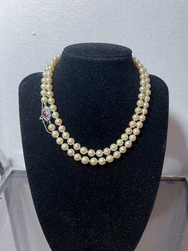 Collier Collier Art déco - Sautoir en perles Akoya, or 18k, diamants et rubis 58 Facettes 936