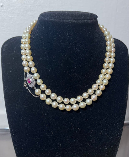 Collier Collier Art déco - Sautoir en perles Akoya, or 18k, diamants et rubis 58 Facettes 936