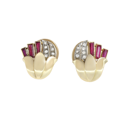 Boucles d'oreilles en or jaune, pierres rouges et diamants