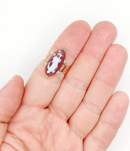 Bague 54.5 Bague marquise antique camée sur agate et diamants en or rose 14k 58 Facettes A06919