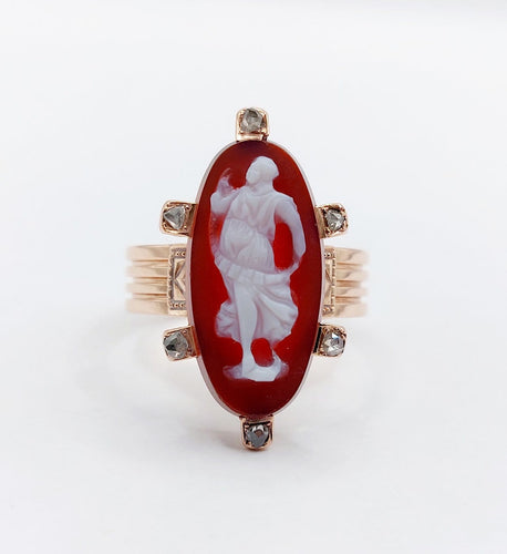 Bague 54.5 Bague marquise antique camée sur agate et diamants en or rose 14k 58 Facettes A06919