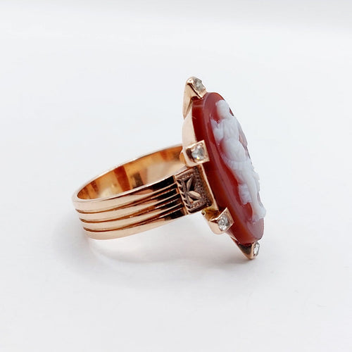 Bague 54.5 Bague marquise antique camée sur agate et diamants en or rose 14k 58 Facettes A06919