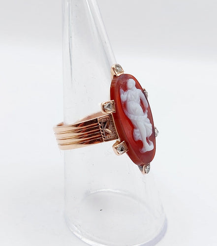 Bague 54.5 Bague marquise antique camée sur agate et diamants en or rose 14k 58 Facettes A06919