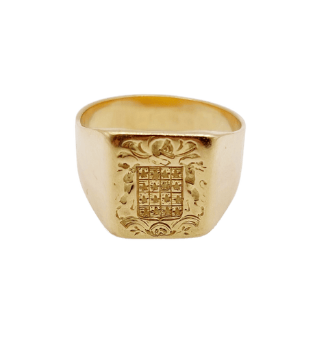 Bague 60.5 Chevalière sceau antique - Bague en or jaune 18k, armoiries françaises 58 Facettes A06922