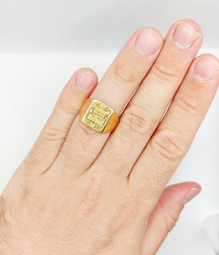Bague 60.5 Chevalière sceau antique - Bague en or jaune 18k, armoiries françaises 58 Facettes A06922