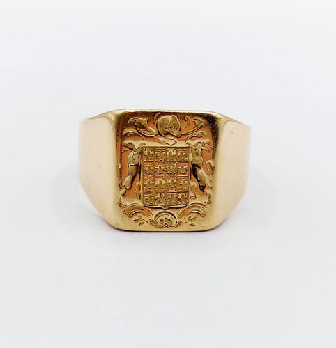 Bague 60.5 Chevalière sceau antique - Bague en or jaune 18k, armoiries françaises 58 Facettes A06922