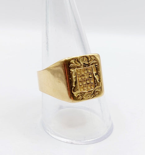 Bague 60.5 Chevalière sceau antique - Bague en or jaune 18k, armoiries françaises 58 Facettes A06922