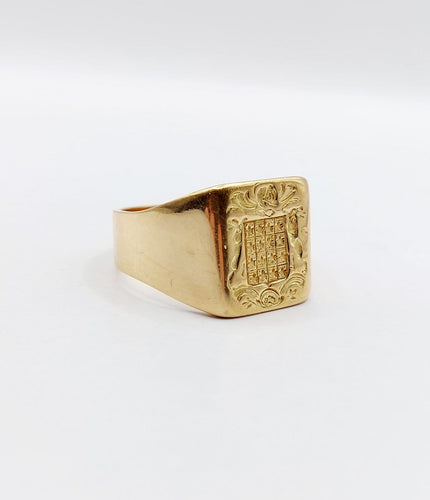 Bague 60.5 Chevalière sceau antique - Bague en or jaune 18k, armoiries françaises 58 Facettes A06922