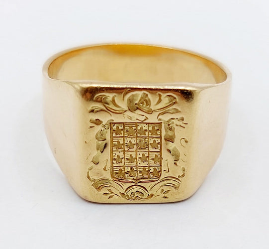 Bague 60.5 Chevalière sceau antique - Bague en or jaune 18k, armoiries françaises 58 Facettes A06922