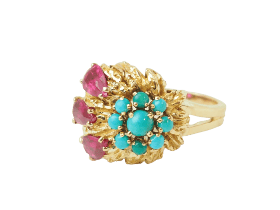 Bague 52 Bague fleur ancienne en or jaune 18 ct, rubis et turquoises 58 Facettes 33697