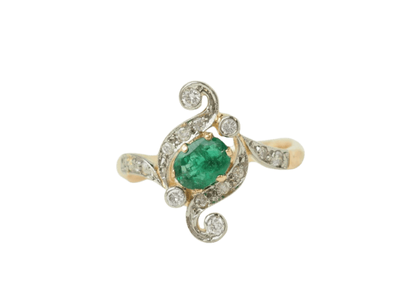 Bague 56 Bague Art Nouveau en or jaune 18 carats avec émeraude et diamants 58 Facettes 33679