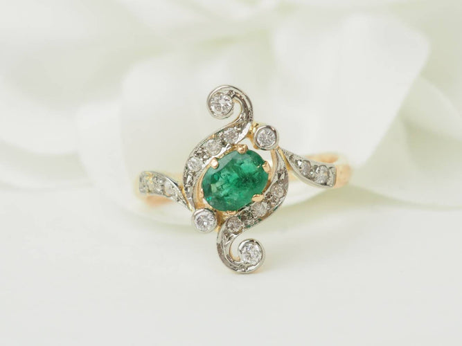 Bague 56 Bague Art Nouveau en or jaune 18 carats avec émeraude et diamants 58 Facettes 33679