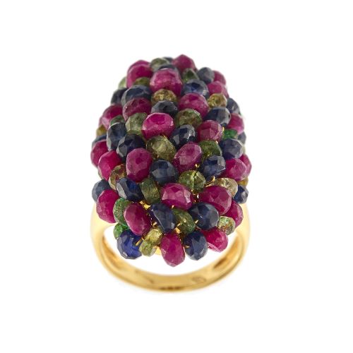 Bague 57 Bague bandeau ovale bombée en or jaune 18 ct avec rubis, saphirs et émeraudes 58 Facettes 34063