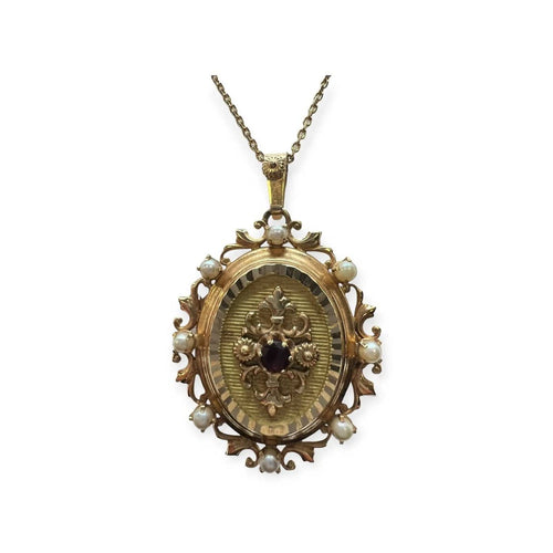 Pendentif Pendentif porte-photo ancien en or jaune 750 avec perles et grenat 58 Facettes 330094588