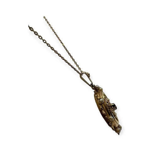 Pendentif Pendentif porte-photo ancien en or jaune 750 avec perles et grenat 58 Facettes 330094588