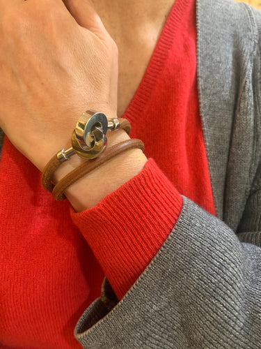 Bracelet Hermès Lancelot Double - Bracelet en cuir et métal argenté 58 Facettes BS213