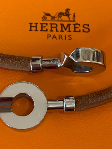 Bracelet Hermès Lancelot Double - Bracelet en cuir et métal argenté 58 Facettes BS213