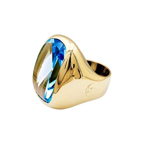 Bague 50 Bague chevalière en or jaune et topaze bleue 58 Facettes 35436