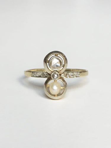 Bague 57 Bague toi et moi Art déco en or jaune 18K, platine, diamants et perle 58 Facettes 248