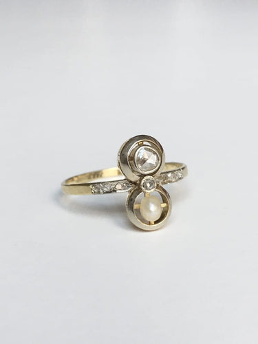 Bague 57 Bague toi et moi Art déco en or jaune 18K, platine, diamants et perle 58 Facettes 248