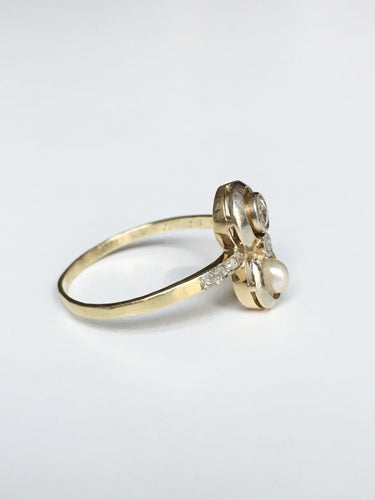 Bague 57 Bague toi et moi Art déco en or jaune 18K, platine, diamants et perle 58 Facettes 248