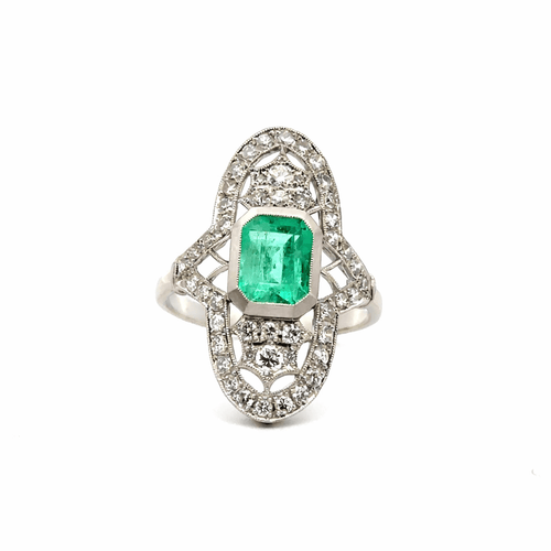 Bague 57 Art déco - Bague en or blanc 18 carats avec émeraude colombienne et diamants 58 Facettes 50439