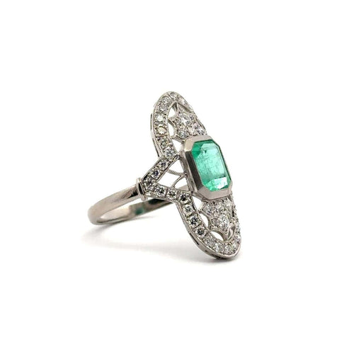 Bague 57 Art déco - Bague en or blanc 18 carats avec émeraude colombienne et diamants 58 Facettes 50439