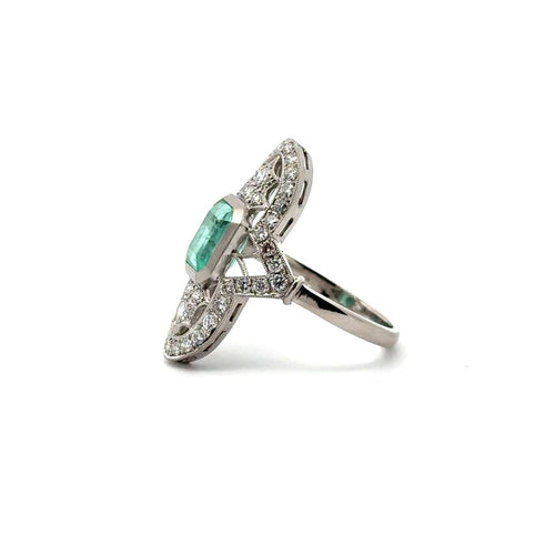 Bague 57 Art déco - Bague en or blanc 18 carats avec émeraude colombienne et diamants 58 Facettes 50439
