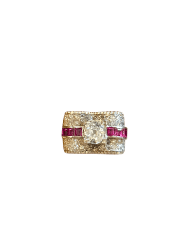 Bague 52.5 Bague Tank en or blanc 18 carats avec diamants et rubis 58 Facettes bague tank diaman