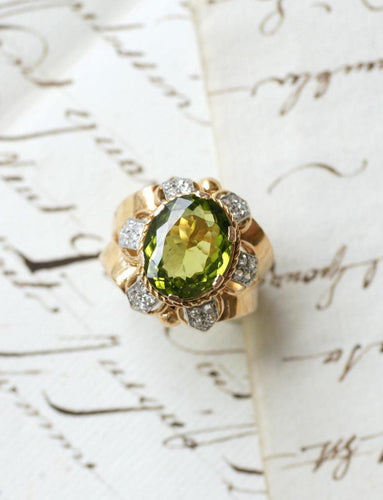 Bague 53 Bague cocktail fleur en or rose 18 ct, péridot et diamants 58 Facettes
